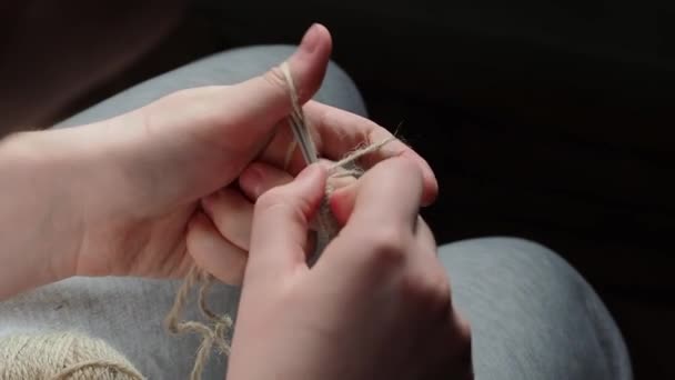 Process Knitting Needles Hands Young Girl Knitting Needles Handmade Concept — Stock Video