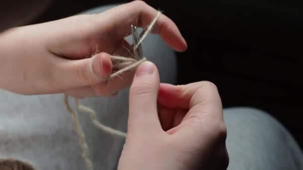 Process Knitting Needles Hands Young Girl Knitting Needles Handmade Concept — Stock Video