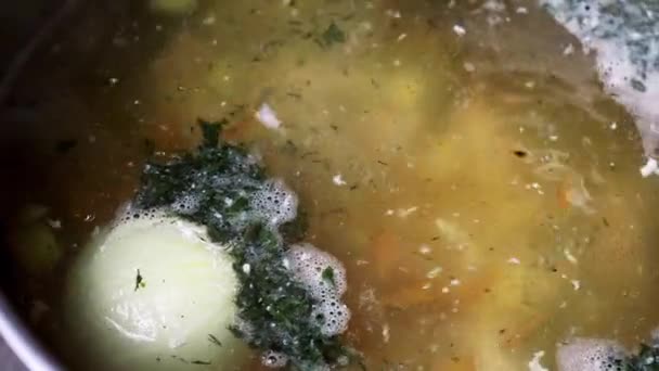 Die Suppe Köchelt Topf Das Konzept Des Kochens Einer Hausgemachten — Stockvideo