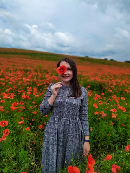 Lächelnde Frau in einem langen grauen Kleid steht auf dem roten Mohnfeld — Stockfoto