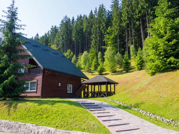 Malerisches Holzhaus auf dem Hintergrund der Karpaten — Stockfoto