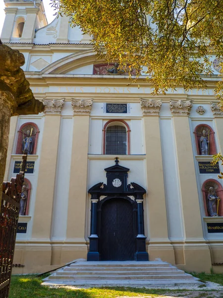 Ukrayna 'nın Volyn bölgesindeki Olyka' da restore edilen eski Katolik kilisesinin manzarası. Mavi gökyüzü arka planına karşı eski meslektaşların barok sakral mimarisi. 