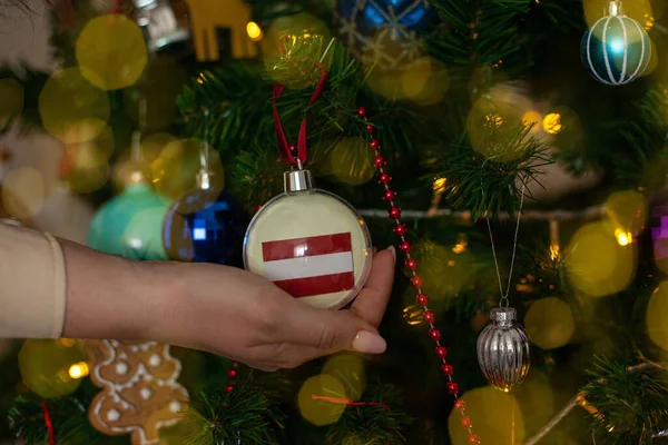 Close Girls Hand Holding Christmas Ball Fir Tree Flag Austria — Photo