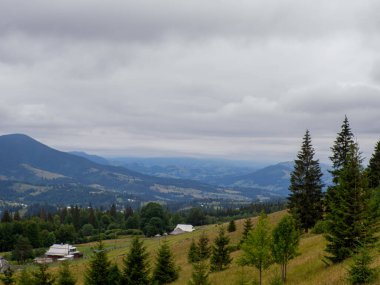 Majestic landscape of summer mountains. View of hills in mist. Carpathians. Amaizing view on the mountains and cloudy sky near Verkhovyna, Ukraine.