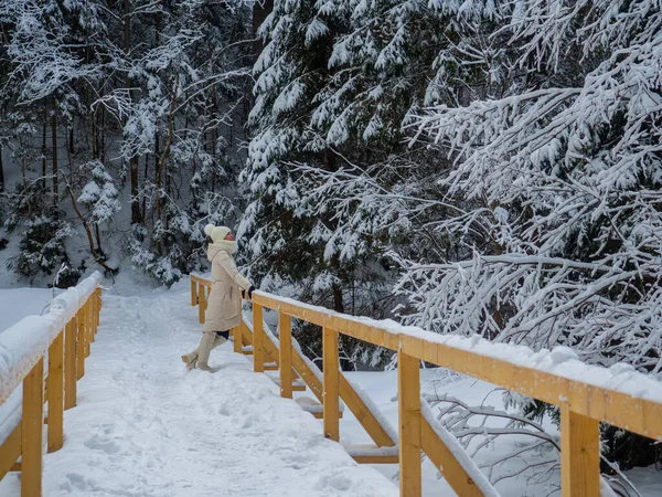 Woman in white clothes walking on bridge in the woods. Winter white snow outdoor in forest park at snowy sunny weather. Fir trees under the snow. Christmas landscape. Carpathian mountains, Ukraine.