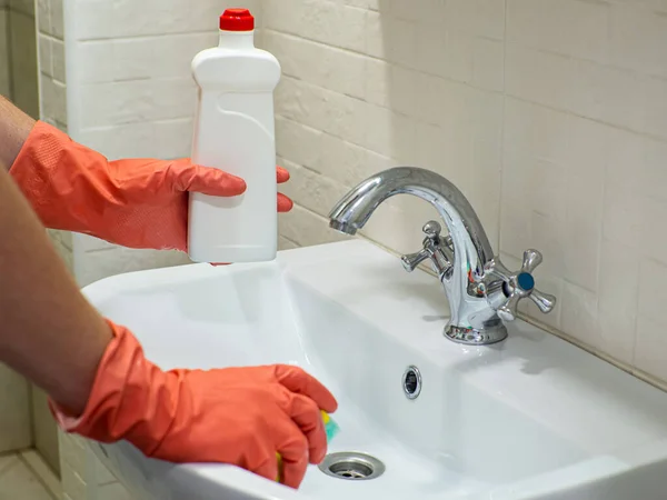 Cleaning Bathroom Sink Faucet Detergent Orange Rubber Gloves Green Sponge — Photo