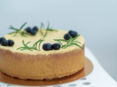 New York style classical cheese cake on white dotted background. Homemade cheesecake decorated with blueberry berries and sprigs of rosemary. Cooking desserts and cakes. Confectionery. Selective focus
