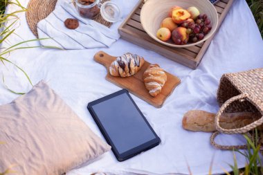 Piknik battaniyesinde meyve, hamur işi ve ekmekli saman torbasıyla uzanan tablet. Boş zaman, teknoloji ve yaz kavramı. Uzayı kopyala Gadget 'lar tatilde. Yazın uzak çalışma