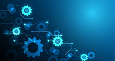 Vektör illüstrasyon dişli devre arka planı. geleceğin dijital teknolojisi ve mühendisliği, dijital telekom teknolojisi konsepti. Koyu mavi arka planda soyut fütüristik EP.1.hi-tech 