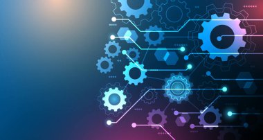 Vektör illüstrasyon dişli devre arka planı. geleceğin dijital teknolojisi ve mühendisliği, dijital telekom teknolojisi konsepti. Koyu mavi arkaplanda soyut fütüristik EP.2.hi-tech