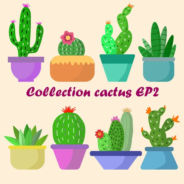 Collection of cactus with flowers on pots. Exotic plants. Natural decorative elements are separated from white.EP.2.Flat, cartoon style. Vector illustration white background. Element design.