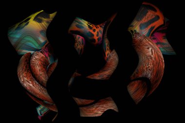 3D illustration of colorful banner with blended abstract curve shapes for creative art and web design.Print for clothes.Computer generated abstract colorful fractal.Colored swimwear prints