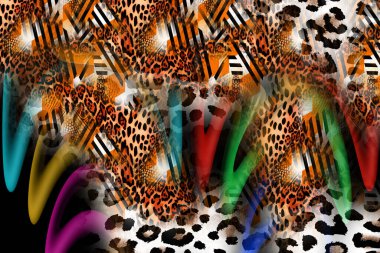 Leopard Textile print pattern.Geometric Lines Pattern Fashion Design.Abstract geometric swirl fractal.Tie Dye Background.Hippie abstract psychedelic stripe colors.Textile illustration