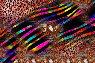 Leopard Textile print pattern.Geometric Lines Pattern Fashion Design.Abstract geometric swirl fractal.Tie Dye Background.Hippie abstract psychedelic stripe colors.Textile illustration
