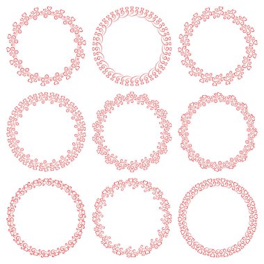 Yuvarlak, zarif çerçeveli, kalpleri olan bir vektör seti. Sevgililer günü için, düğün davetiyeleri, romantik kartlar, aşk mesajları için romantik çerçeveler koleksiyonu.