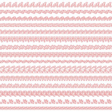 Kırmızı kalpli, pürüzsüz fayanslı fırçalar. Çerçeve, bölme, pansiyoner, kenar, romantik sevgililer günü tebrikleri ve düğün kartı tasarımı için klasik sanat deco sınırları. Aşk sembolü 