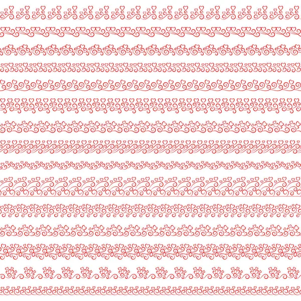 Kırmızı kalpli, pürüzsüz fayanslı fırçalar. Çerçeve, bölme, pansiyoner, kenar, romantik sevgililer günü tebrikleri ve düğün kartı tasarımı için klasik sanat deco sınırları. Aşk sembolü 