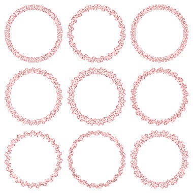 Kırmızı kalpli, yuvarlak, zarif çerçeveler. Sevgililer Günü için, düğün davetiyesi tasarımı, romantik kartlar, aşk mesajları için romantik çerçeveler koleksiyonu.