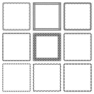 Vector set of square narrow and wide simple frames. Elegant vintage borders with flourishes, swirls. Design and decoration of covers, websites, brochures, flyers, greeting, wedding cards, invitations
