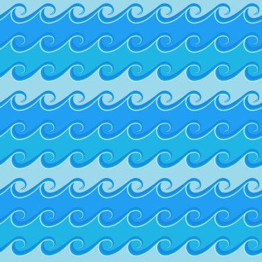 Çizgi film tarzında mavi dalgalı kusursuz deniz arka planı. Duvar kağıdı tasarımı, ambalaj kağıdı, kumaş, kağıt ve tekstil için basit tekrar eden deniz deseni. Sonsuz dalgaların vektör illüstrasyonu