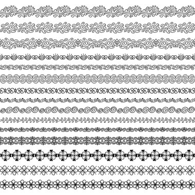 Art deco tarzında kusursuz mürekkep fırçaları koleksiyonu. El yapımı elementlerden bir dizi sınır. Çerçeveler, kenarlar, kenarlar, kenarlar için girdaplar ve çiçek desenli zarif vintage pansiyonerler.