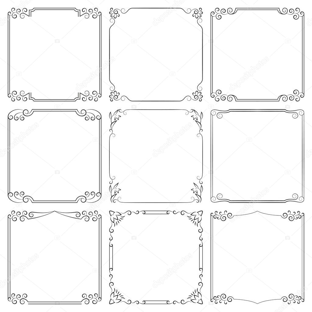 Vector set of square frames with floral ornament. Elegant beautiful borders with flourishes, swirls. Design and decoration of covers, websites, brochures, flyers, greeting, wedding cards, invitations