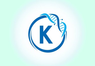 K harfi alfabesi DNA 'lı bir daire şeklinde. Genetik logo tasarımı konsepti. Yazı tipi amblemi. Tıp, bilim, laboratuvar, iş ve şirket kimliği için modern vektör logosu