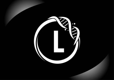 Siyah harf L monogram alfabesi, DNA 'lı bir daire şeklinde. Genetik logo tasarımı konsepti. Yazı tipi amblemi. Tıp, bilim, laboratuvar, iş ve şirket kimliği için modern vektör logosu