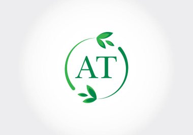 Yapraklı AT harfleri. Yeşil, çevre dostu logo konsepti. Ekolojik iş ve şirket kimliği için modern vektör logosu