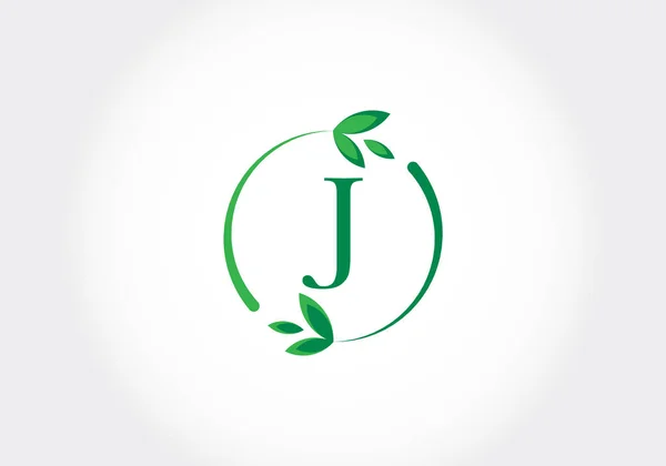 葉を持つモノグラム文字J グリーンで環境に優しいロゴコンセプト 生態学的ビジネスと会社のアイデンティティのための現代的なベクトルロゴ — ストックベクタ