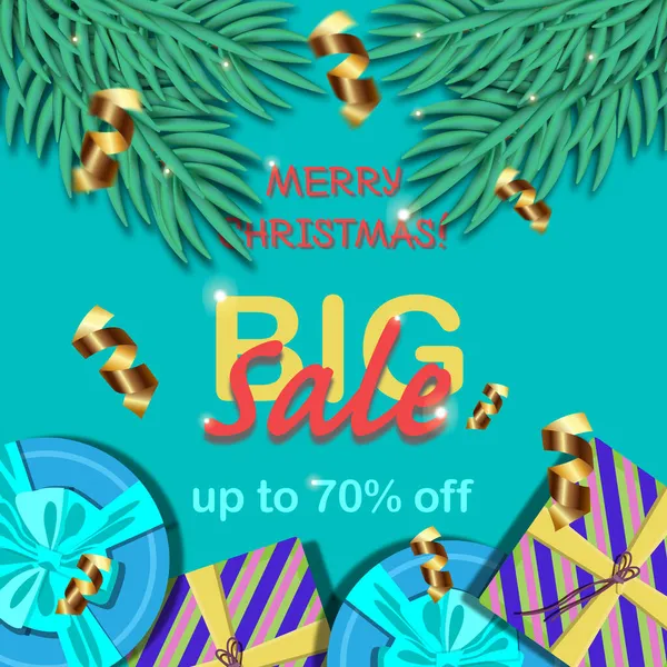 Um banner Feliz Natal grande venda na cor azul com galhos de abeto verde, caixas de presente coloridas em azul, rosa, verde, cores amarelas e fitas de ouro — Fotografia de Stock
