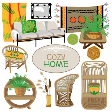 Modern Boho oturma odası. Rahat bir ev. 17 Öge. Perdeler, vazo, kamış, halı, ayna, kanepe, yastık, rattan sandalyeler, kitap rafları, stantlar, masa, saksı bitkileri