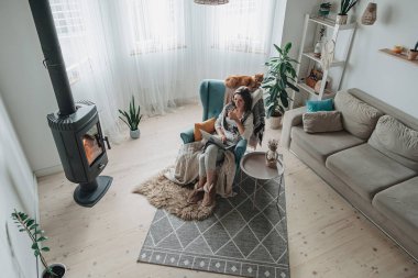 Uzaktan kumanda. Dizüstü bilgisayar kullanan genç bir kadın rahat bir koltuk ve ekose ile şöminenin yanında oturuyor ve evde çay içiyor.