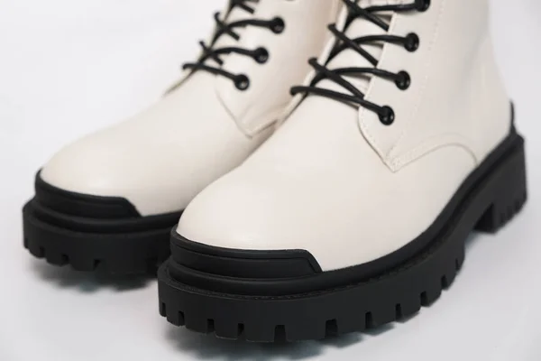White Womens Autumn Rough Army Boots Tractor Sole Laces White — Stock Photo, Image