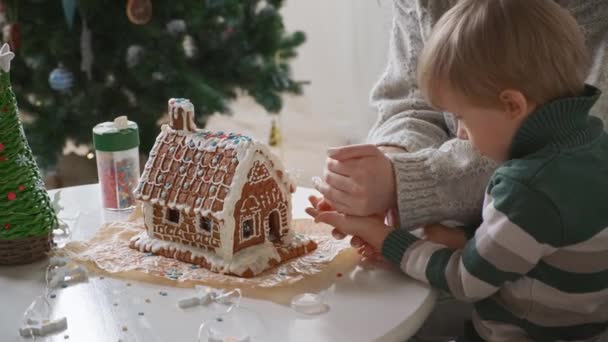Little boy with mother decorating christmas gingerbread house together, family activities and traditions on Christmas and New Years Eve — Stock Footage Little boy with mother decorating christmas gingerbread house together, family activities and traditions on Christmas and New Years Eve Stock Video