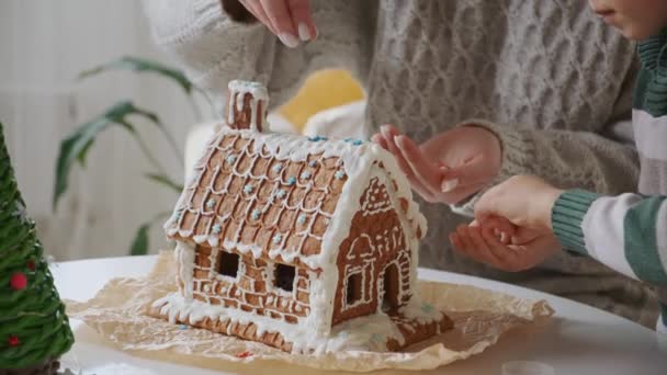 Liten pojke med mor dekorera jul pepparkakshus tillsammans, familjeaktiviteter och traditioner på jul och nyår — Stockvideo