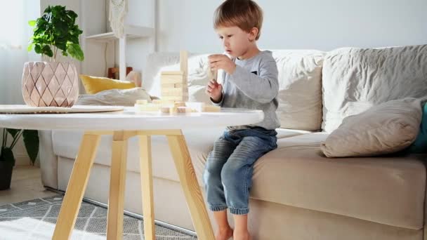 Child build a tower from wooden blocks sitting on the sofa at home — 图库视频影像
