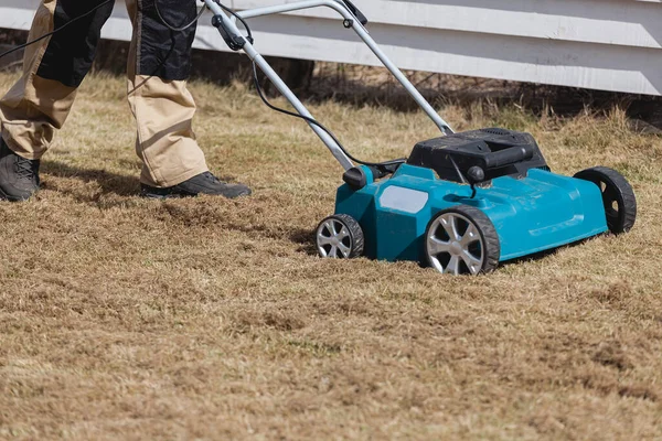 Scarifying Trawnik Scarifier Człowiek Ogrodnik Scarifies Trawnik Usuwanie Starej Trawy — Zdjęcie stockowe