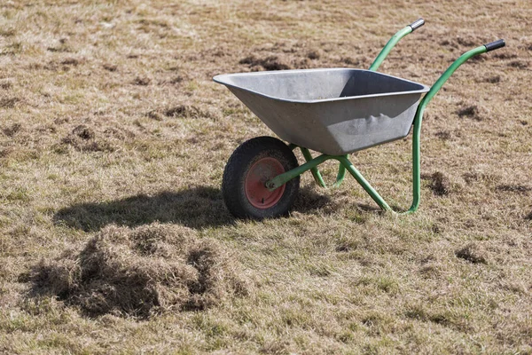 Gartenwagen Mit Altem Gras Auf Dem Rasen Nach Dem Vertikutieren lizenzfreie Stockfotos