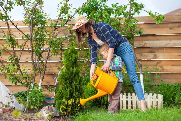 Çocuk ve anne sulama tenekesi bahçedeki sebze bahçesini suluyor.