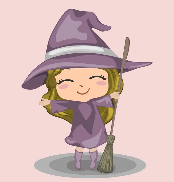 Süpürgesiyle küçük bir cadı kızın resmi.