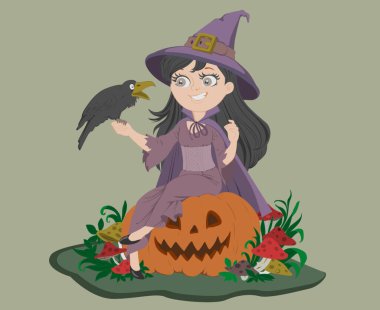 Kara kuşlu bir cadının karikatür çizimi