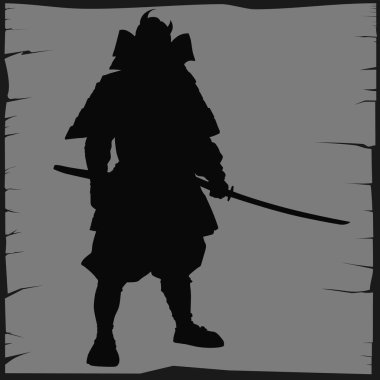 black silhouette illustration of a samurai with a background