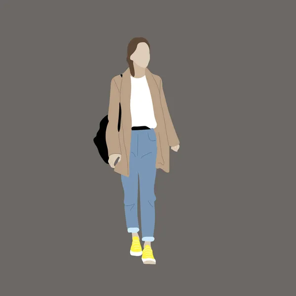 Kpop大街时尚的矢量图解 韩国人的街头偶像Kpop女时尚偶像一个穿着棕色衬衫和牛仔裤 穿着黄色运动鞋的女孩 — 图库矢量图片