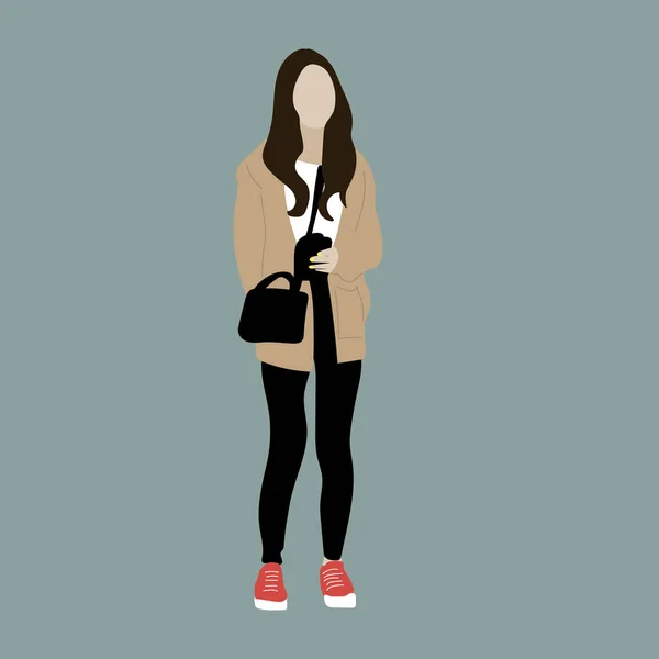 Kpop大街时尚的矢量图解 韩国人的街头偶像Kpop女时尚偶像一个穿着棕色衬衫 黑色牛仔裤和红色运动鞋的女孩 免版税图库矢量图片