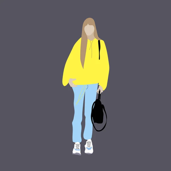 Kpop大街时尚的矢量图解 韩国人的街头偶像Kpop女时尚偶像一个穿蓝色牛仔裤 黄色夹克和运动鞋的女孩 — 图库矢量图片