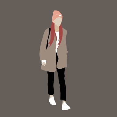 Kpop sokak modasının vektör illüstrasyonu. Korelilerin sokak idolleri. Kpop kadın moda idolü. Kahverengi ceketli, siyah pantolonlu bir kız..