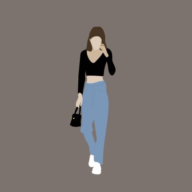  Kpop sokak modasının vektör illüstrasyonu. Korelilerin sokak idolleri. Kpop kadın moda idolü. Kot pantolonlu, siyah tişörtlü, beyaz ayakkabılı bir kız..