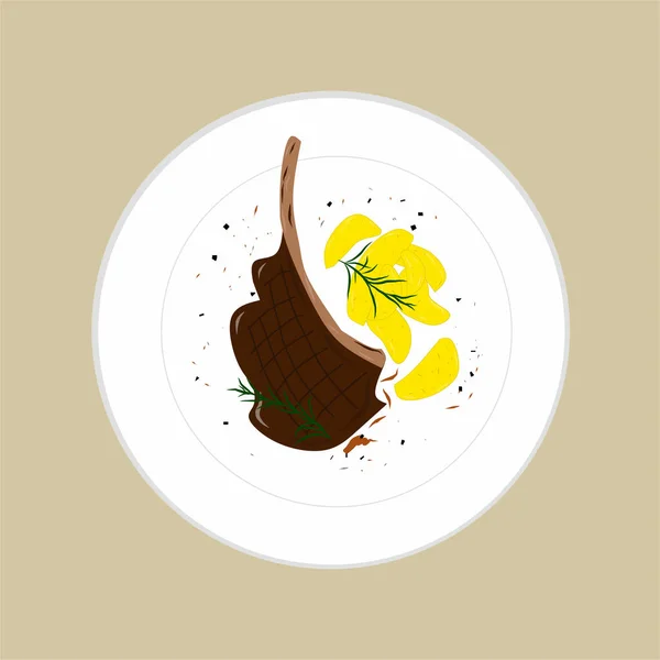 Filete Carne Hueso Con Patatas Hierbas Plato Blanco — Vector de stock