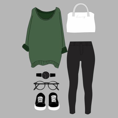 Clothing and accessories. Fashionable women's clothing, shoes and bags, accessories, a set of vectors of modern casual clothing.